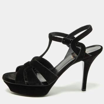 Pre Owned Saint Laurent Black Velvet Tribute Platform Sandals Size 39