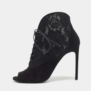 Pre Owned Saint Laurent Black Suede and Lace Open Toe Ankle Booties Size 39.5