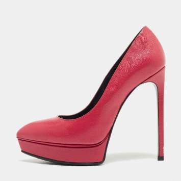 Pre Owned Saint Laurent Pink Textured Leather Janis Platform Pointed Toe Pumps Size 36
