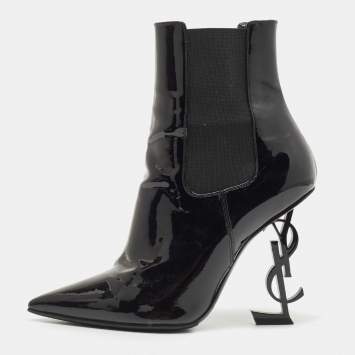 Pre Owned Saint Laurent Paris Black Patent Leather Opyum Pointed Toe Ankle Booties Size 37