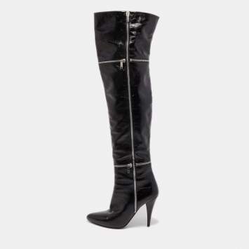 Pre Owned Saint Laurent Black Leather Knee Length Boots Size 39