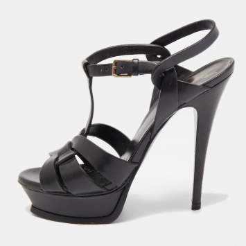 Pre Owned Saint Laurent Black Leather Tribute Sandals Size 37.5