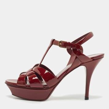 Pre Owned Saint Laurent Burgundy Patent Tribute  Ankle Strap Sandals Size 38