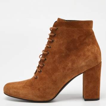 Pre Owned Saint Laurent Brown Suede Lace Up Ankle Boots Size 39.5