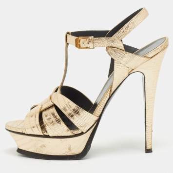 Pre Owned Saint Laurent Gold Lizard Embossed Leather Tribute Ankle Strap Sandals Size 39