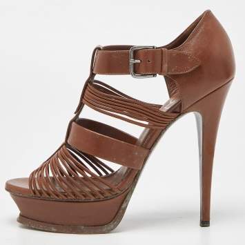 Saint Laurent Brown Leather Strappy Platform Sandals Size 39.5