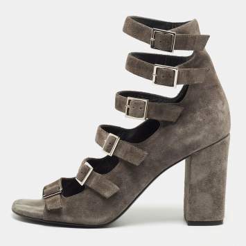 Pre Owned Saint Laurent Grey Suede Ankle Strap Sandals Size 37.5