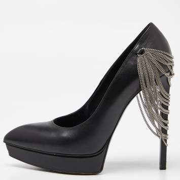 Pre Owned Saint Laurent Black Leather Janis Chain Heel Platform Pumps Size 40