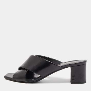 مملوكة مسبقًا Saint Laurent Black Leather Loulou Criss Cross Block Heel Slide Sandals Size 37.5