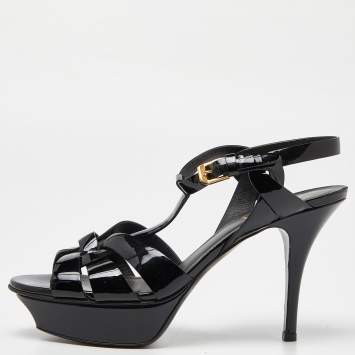 Pre Owned Saint Laurent Black Patent Leather Tribute Ankle Strap Sandals Size 37.5