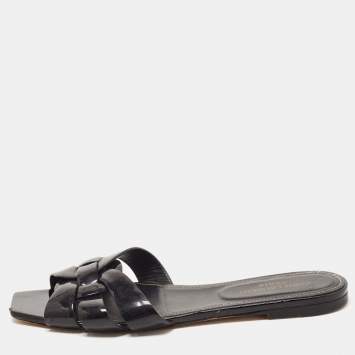 Pre Owned Saint Laurent Black Patent Leather Tribute Flat Slides Size 39.5