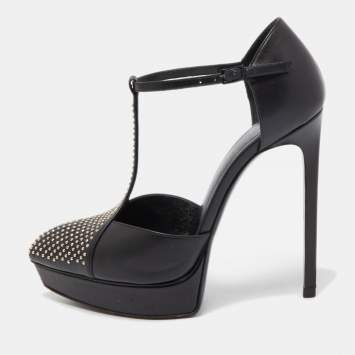 Pre Owned Saint Laurent Black Leather Studded T-Bar Platform Ankle Strap Pumps Size 36.5
