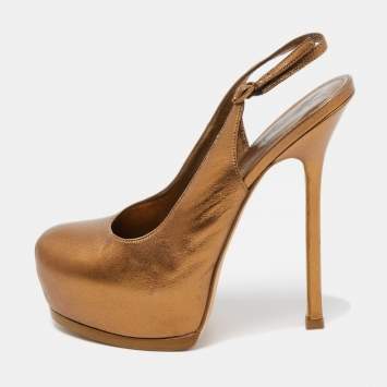 Saint Laurent Metallic Leather Tribtoo Slingback Pumps Size 38.5
