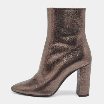Pre Owned Saint Laurent Metallic Textured Leather Ankle Booties Size 37  