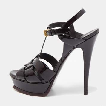 Pre Owned Saint Laurent Burgundy Patent Leather Tribute Platform Ankle Strap Sandals Size 39