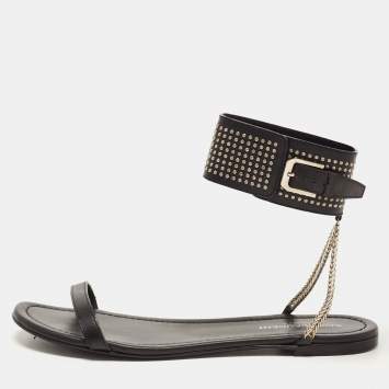 Pre Owned Saint Laurent Black Leather Studded Ankle Cuff Flat Sandals Size 36