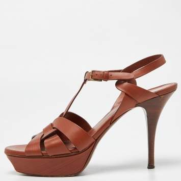 Yves Saint Laurent Tan Leather Tribute Platform Sandals Size 41