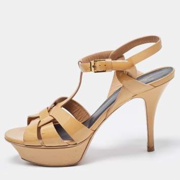 Pre Owned Saint Laurent Beige Patent Leather Tribute Platform Sandals Size 37.5