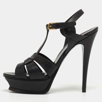 Pre Owned Saint Laurent Paris Black Leather Tribute Platform Ankle Strap Sandals Size 38.5