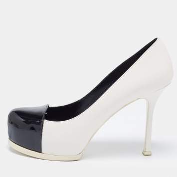 Pre Owned Saint Laurent Black/White Leather and Patent Tribtoo Pumps Size 37
