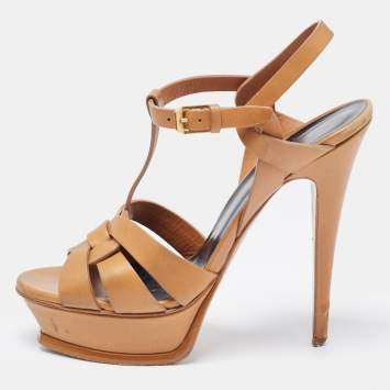 Pre Owned Saint Laurent  Brown Leather Tribute Ankle Strap Sandals Size 38