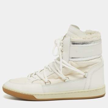 Pre Owned Saint Laurent White/Silver Leather and Nylon Ski High Top Sneakers Size 40