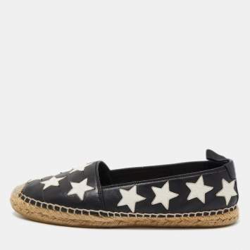Pre Owned Saint Laurent Black/White Leather Star Embellished Espadrille Flats Size 36