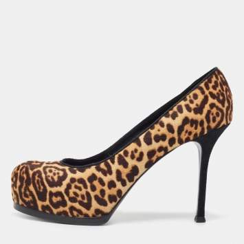 Pre Owned Saint Laurent Beige/Brown Leopard Print Calf Hair Tribtoo Pumps Size 39.5
