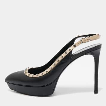 Pre Owned Saint Laurent Paris Black Leather Studded Platform Pointed Toe Slingback Pumps Size 39