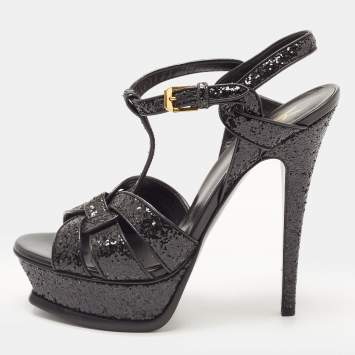 Pre Owned Saint Laurent  Black Glitter Tribute Ankle Strap Sandals Size 37