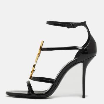 Saint Laurent Black Patent Leather Cassandra Ankle Strap Sandals Size 38.5