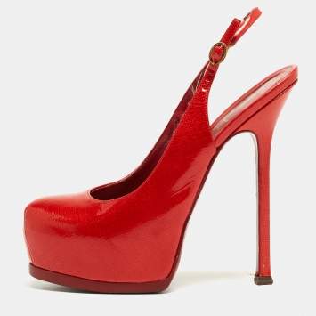 Pre Owned Saint Laurent Red Patent Leather Tribtoo Slingback Pumps Size 37.5