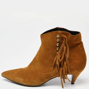 Pre Owned Saint Laurent Brown Suede Pointed Toe Fringe Ankle Boots Size 38