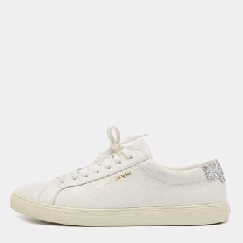 Pre Owned Saint Laurent Silver/White Leather and Glitter Andy Sneakers Size 40