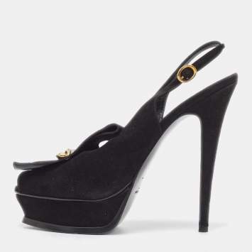 Pre Owned Saint Laurent Black Suede Fringe Chain Slingback Sandals Size 41