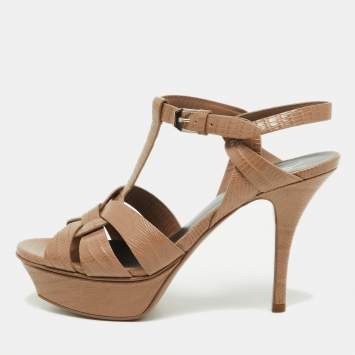Pre Owned Saint Laurent Beige Lizard Embossed Leather Tribute Sandals Size 36
