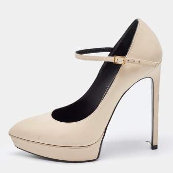 Pre Owned Saint Laurent Beige Leather Janis Mary Jane Pumps Size 37.5