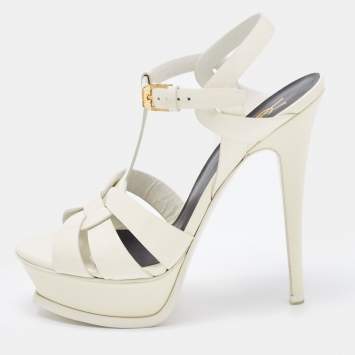 Pre Owned Saint Laurent Off White Patent Tribute  Sandals Size 36