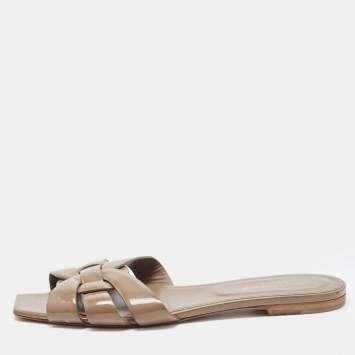 Saint Laurent Brown Patent Leather Tribute Flat Slides Size 40