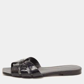 Pre Owned Saint Laurent Black Croc Embossed Leather Tribute Flat Slides Size 39