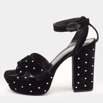 Pre Owned Saint Laurent Black Crystal Embellished Velvet Farrah Sandals Size 40