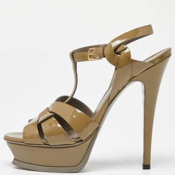 Pre Owned Saint Laurent Olive Green Patent Leather Tribute Sandals Size 37