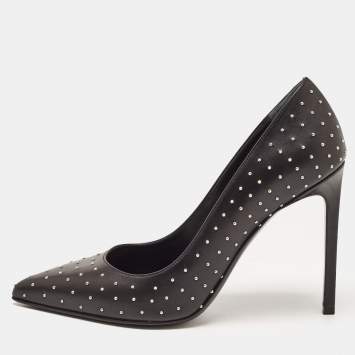 Pre Owned Saint Laurent Black Studded Leather Pointed Toe Pumps Size 38
