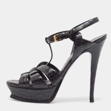 Pre Owned Saint Laurent Black Python Embossed Leather Tribute Sandals Size 40