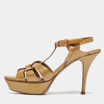 Pre Owned Saint Laurent Mustard Patent Leather Tribute Sandals Size 37.5