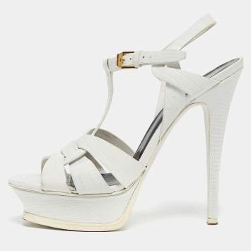 Pre Owned Saint Laurent White Lizard Embossed Leather Tribute Sandals Size 38