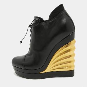 Pre Owned Saint Laurent Black Leather Robyn Wedge Booties Size 36