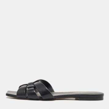 Pre Owned Saint Laurent Black Leather Tribute Flat Slides Size 37.5