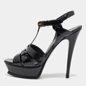 Saint Laurent Black Patent Leather Tribute Ankle Strap Sandals Size 37.5