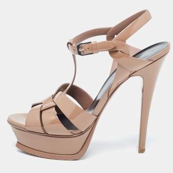 Pre Owned Saint Laurent Light Brown Patent Leather Tribute Sandals Size 37.5
